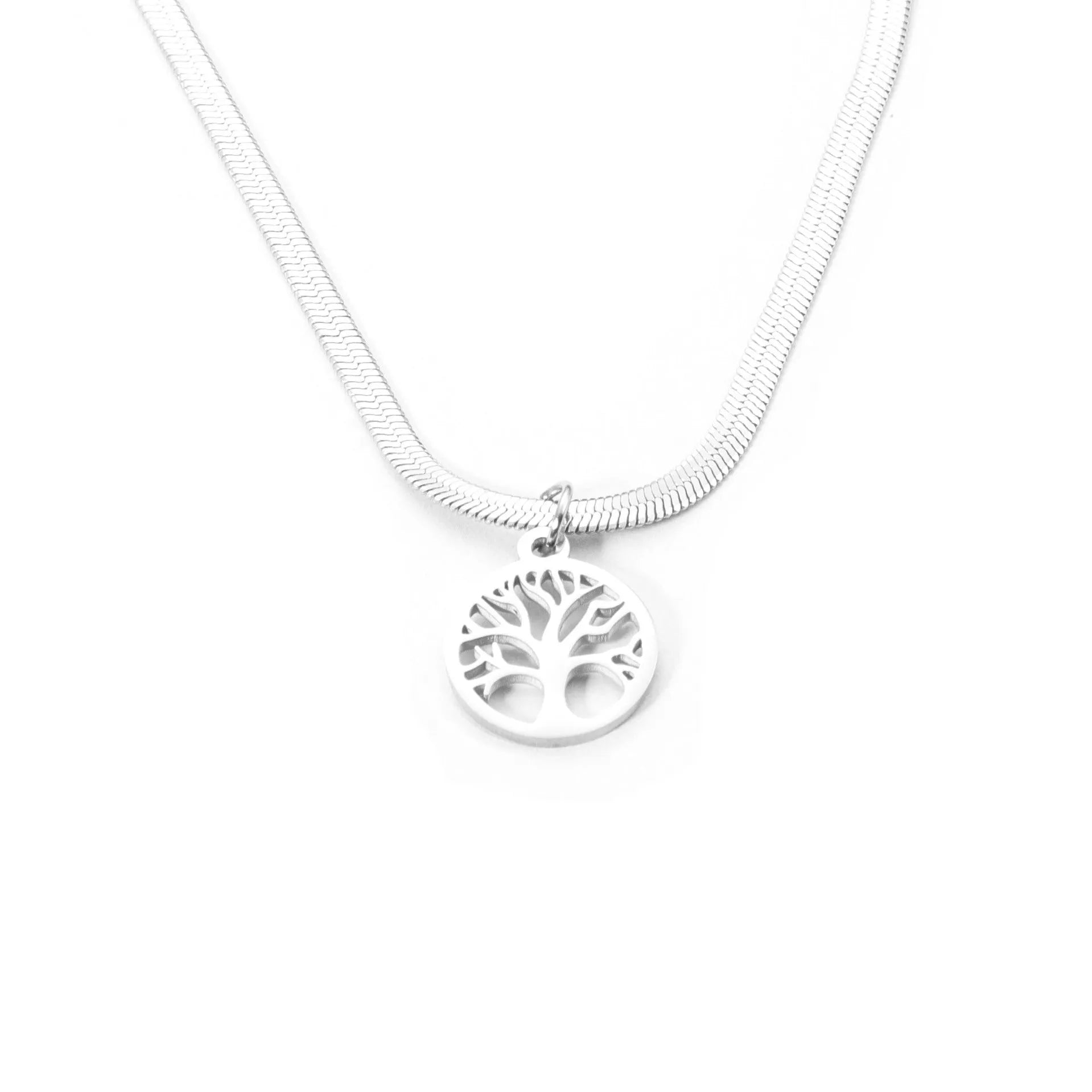 Stainless steel necklace with tree pendant on snake bones chain in gold and steel colours