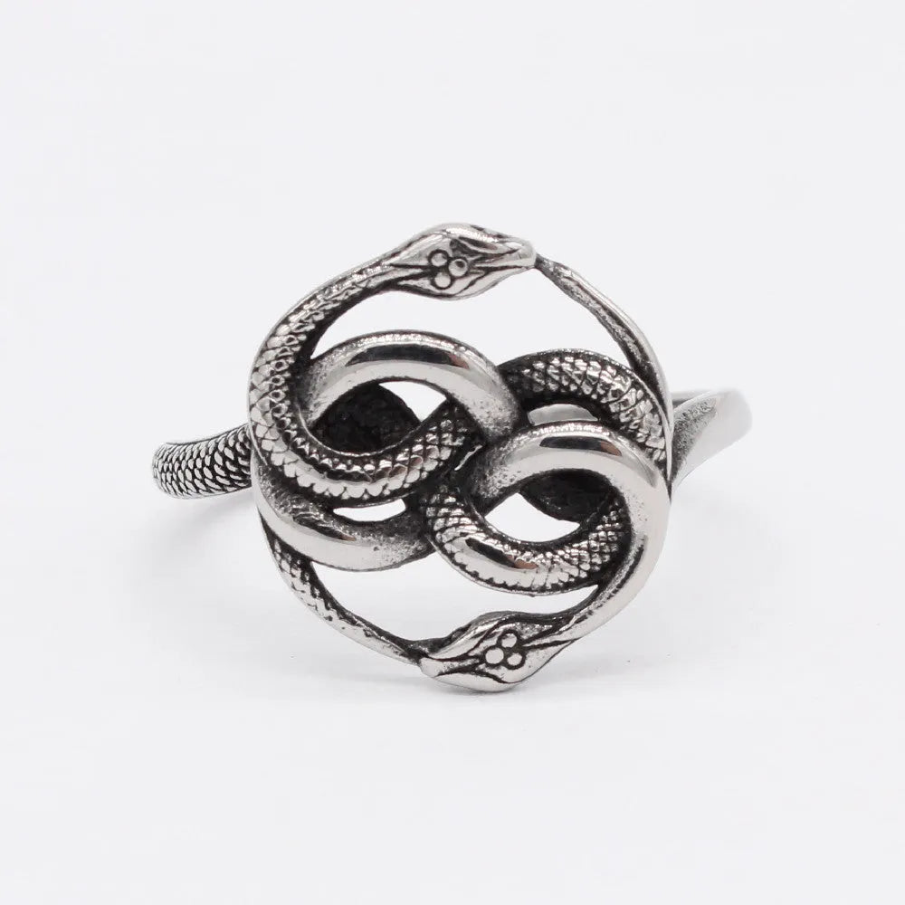 Steel-coloured titanium steel ring with a detailed double snake design on a grey background.
