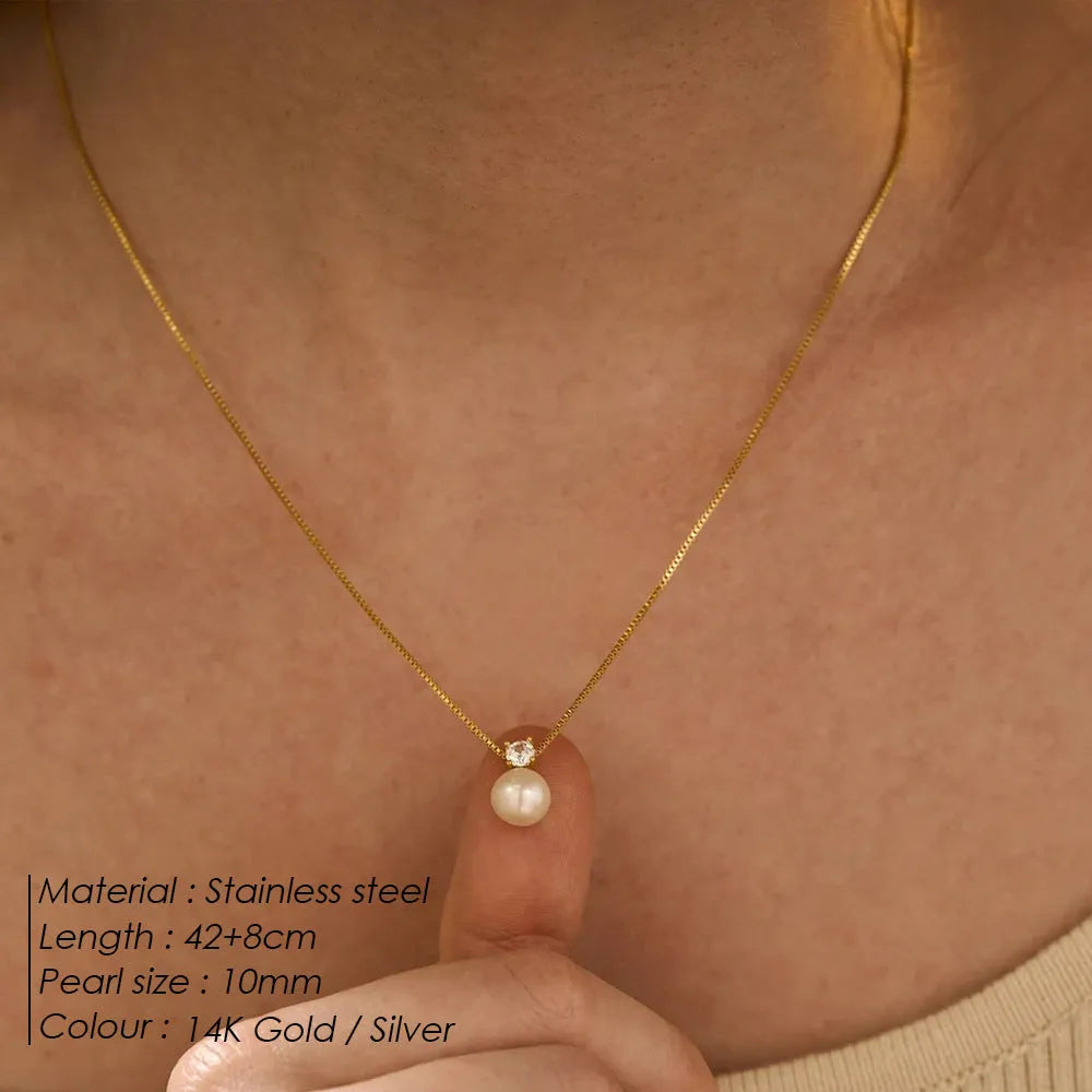 St Delan women's necklace with imitation pearl and zircon pendant on stainless steel box chain, gold colour option, New Chinese style