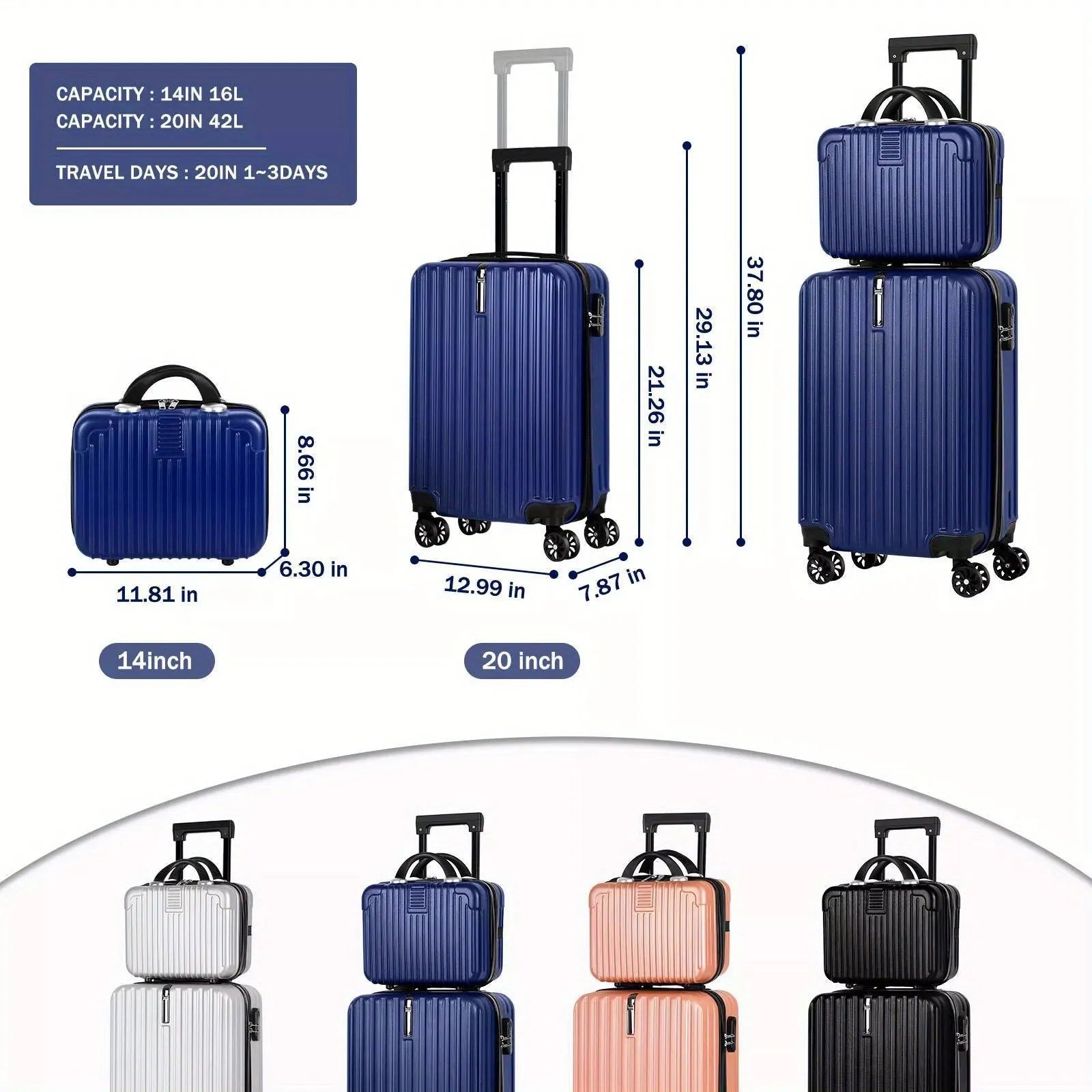 Aluminium alloy luggage set with 14-inch and 20-inch matching suitcases in multiple colour options