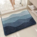 Square rainbow print cashmere carpet floor mat with blue and white sky sea colours and plastic bottom.