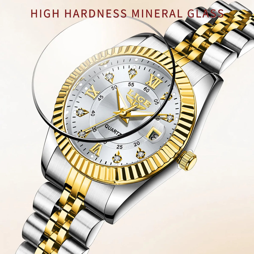 Women's waterproof quartz fashion watch with metallic case in gold or silver colour options