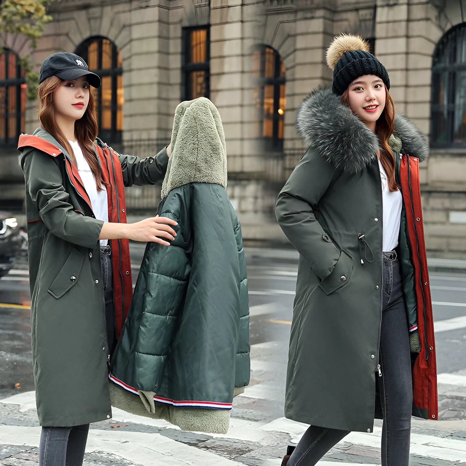 Women's long beige trench coat with a two-way zip front and fleece lining.
