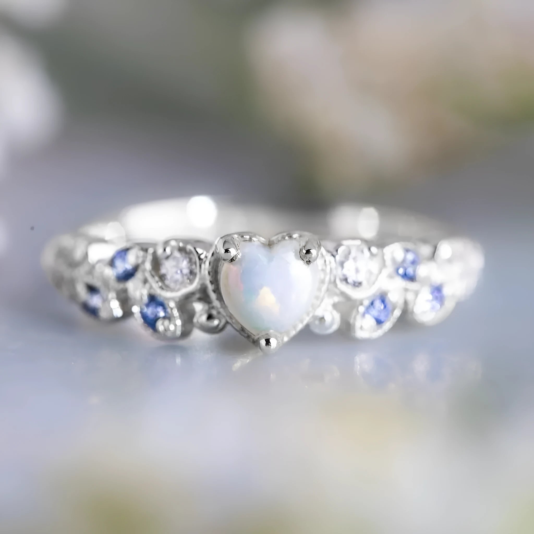 Women's peach heart ring with flower opal ocean design in electroplated alloy