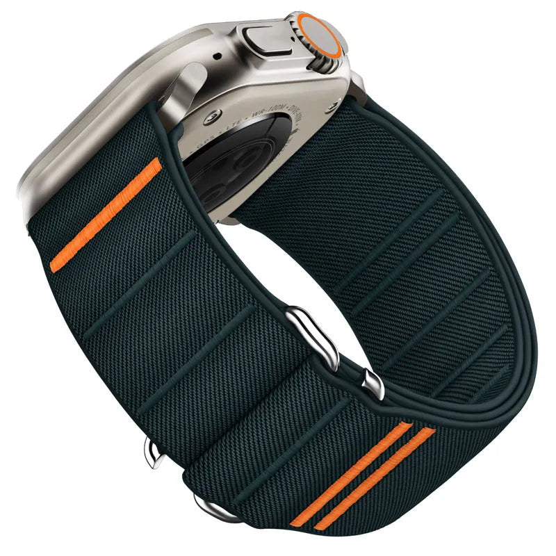 Elastic nylon sport loop strap with stainless steel buckle for Apple Watch, shown in multiple colour options.