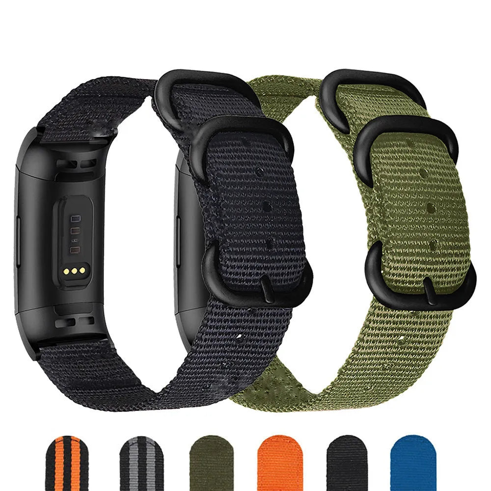 Fitbit Charge nylon replacement strap with a three-ring metal buckle shown in multiple colour options.
