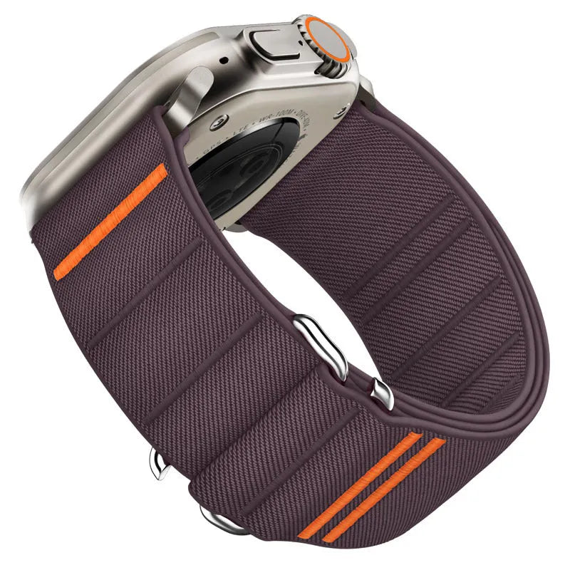 Elastic nylon sport loop strap with stainless steel buckle for Apple Watch, shown in multiple colour options.