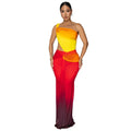 A woman's gradient colour cross-shoulder sleeveless dress with a high waist and long skirt.