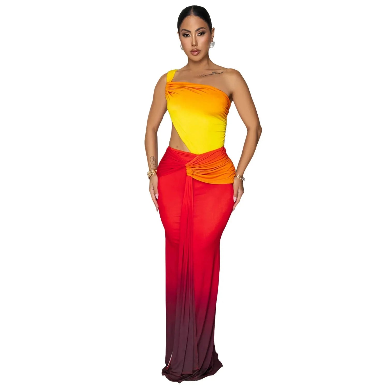 A woman's gradient colour cross-shoulder sleeveless dress with a high waist and long skirt.
