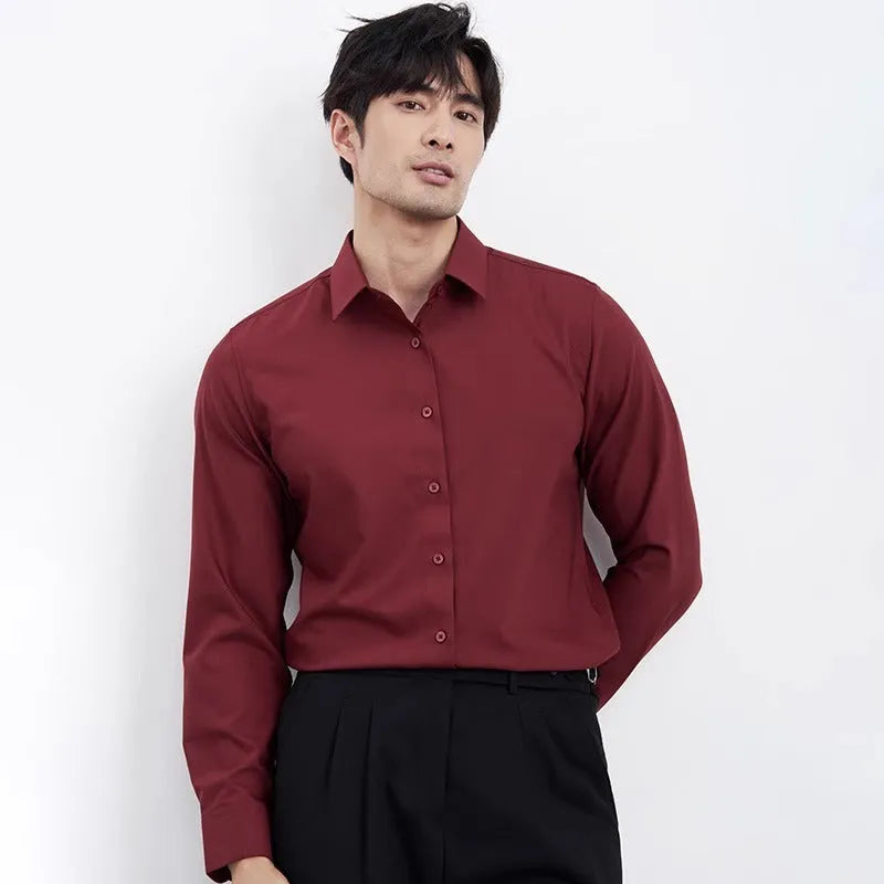 Men's wine red slim fit cardigan shirt with long sleeves and non-ironing fabric