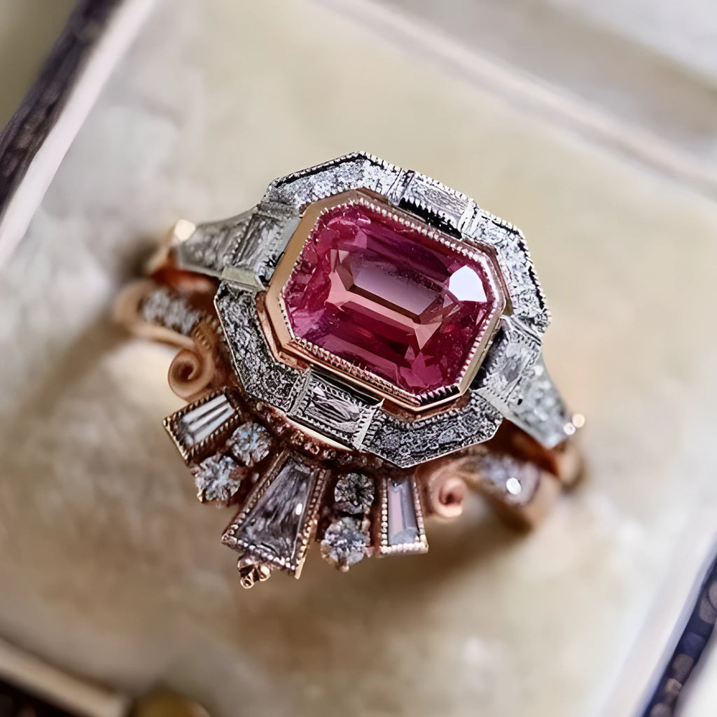 Rose gold colour women's fashion ring with geometric shape and ruby design elements in retro style