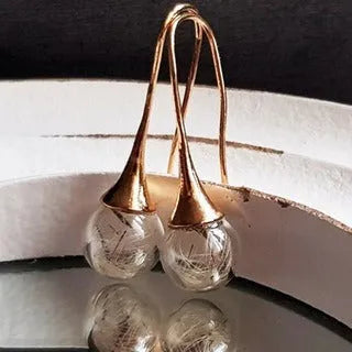 Transparent glass ball earrings with dandelion seed design on French hooks, 16mm diameter