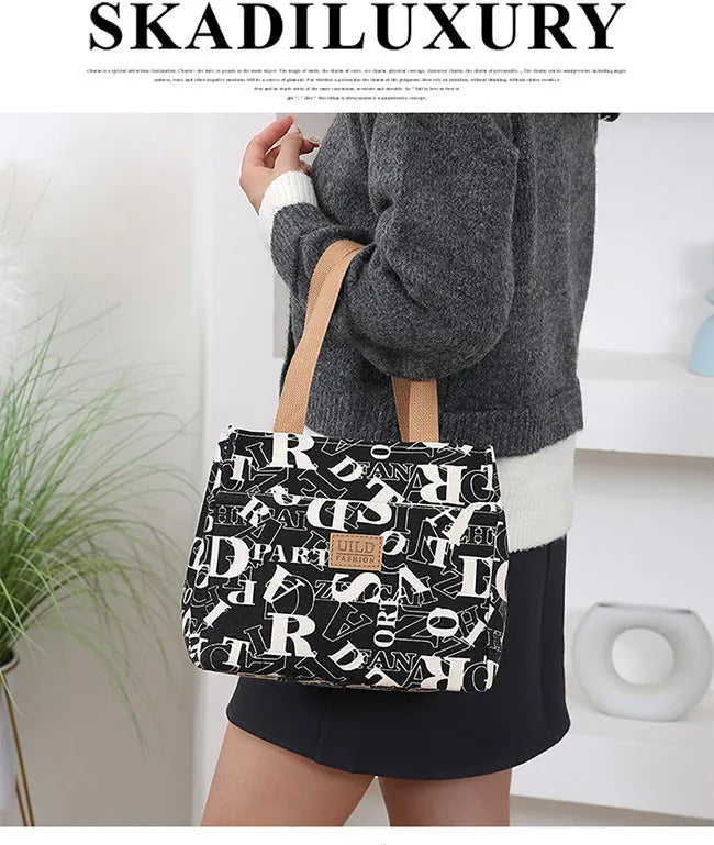 Women's printed canvas bag with flower patterns, thickened aluminium handles, and horizontal square shape