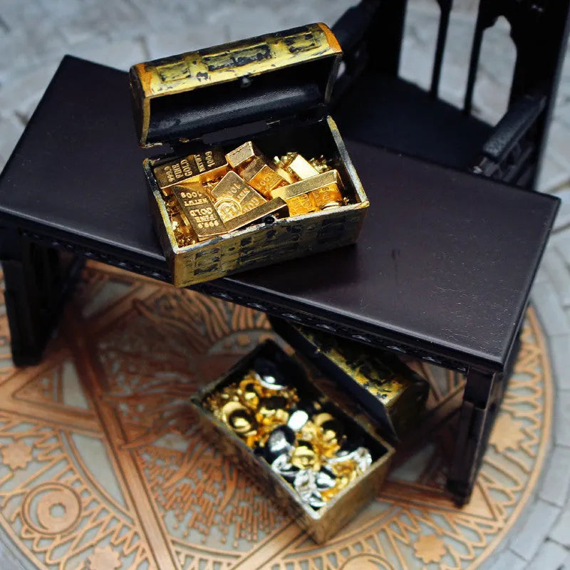Alloy gold coin treasure box miniature dollhouse accessories with metallic finish