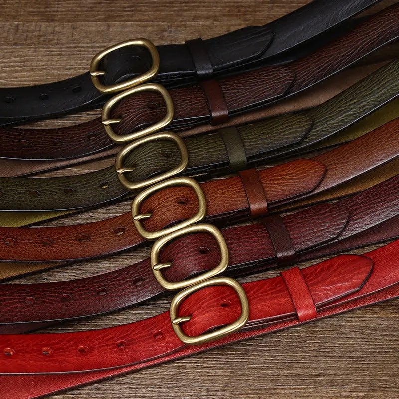 Handmade vintage copper buckle genuine leather belt in brown, 2.8cm wide, with pin buckle fastening on a neutral background