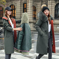 Women's long beige trench coat with a two-way zip front and fleece lining.