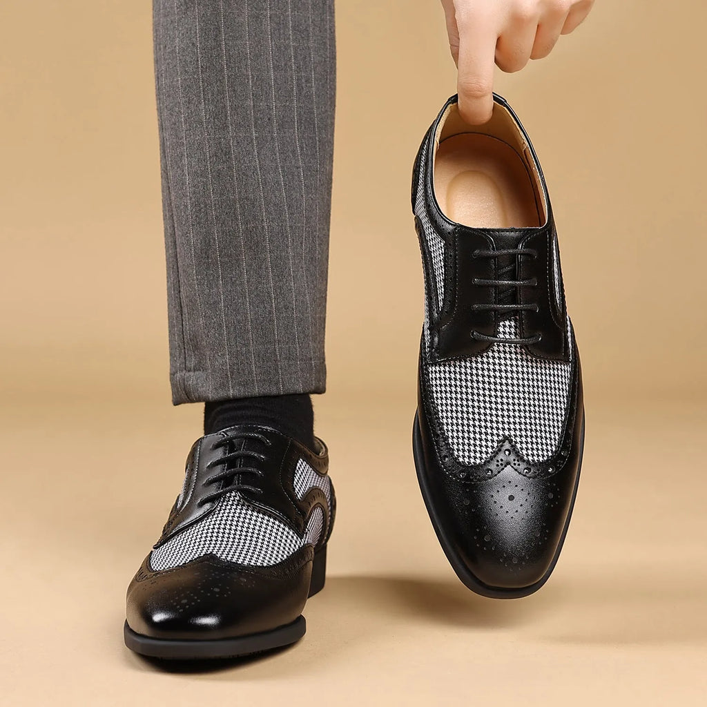 Men's houndstooth plaid casual shoes in black with square toe and lace-up front.