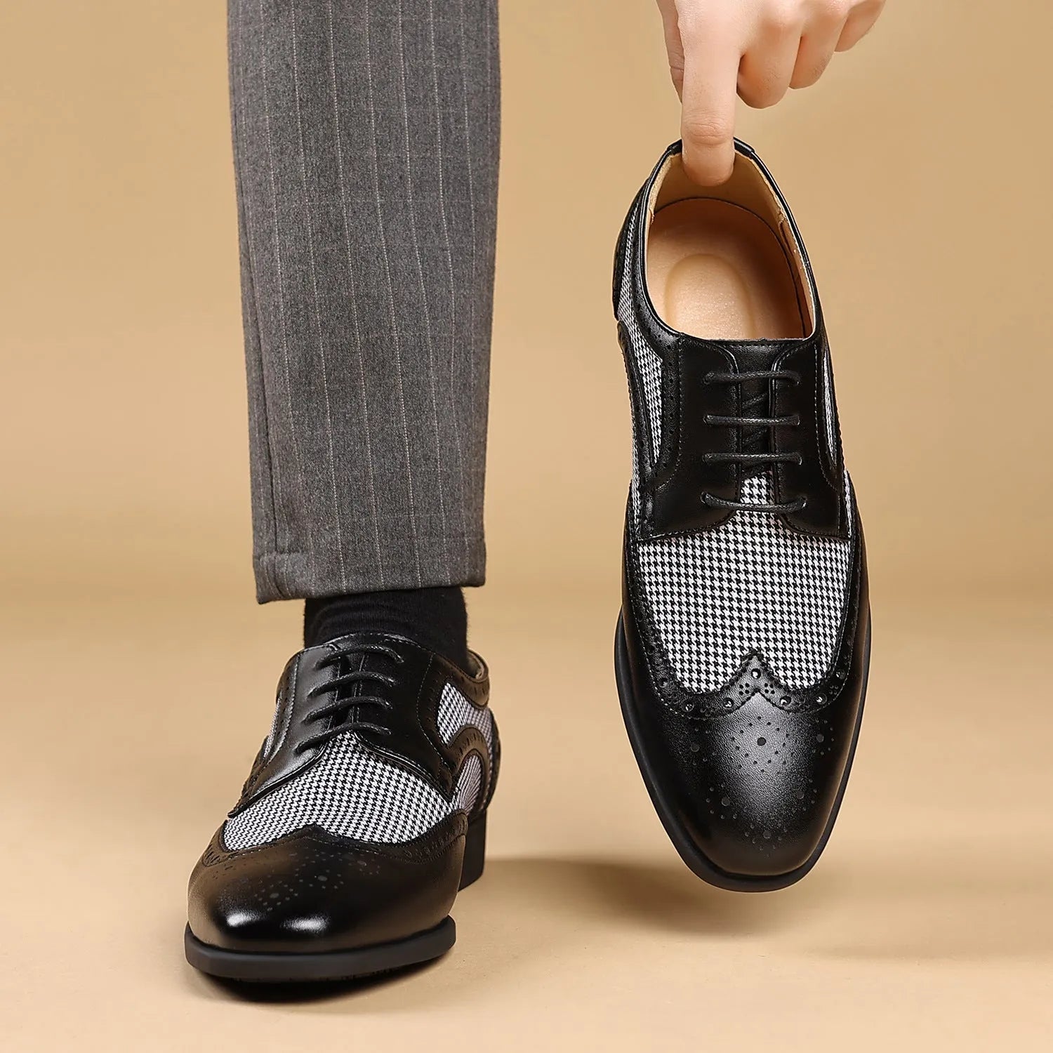 Men's houndstooth plaid casual shoes in black with square toe and lace-up front.