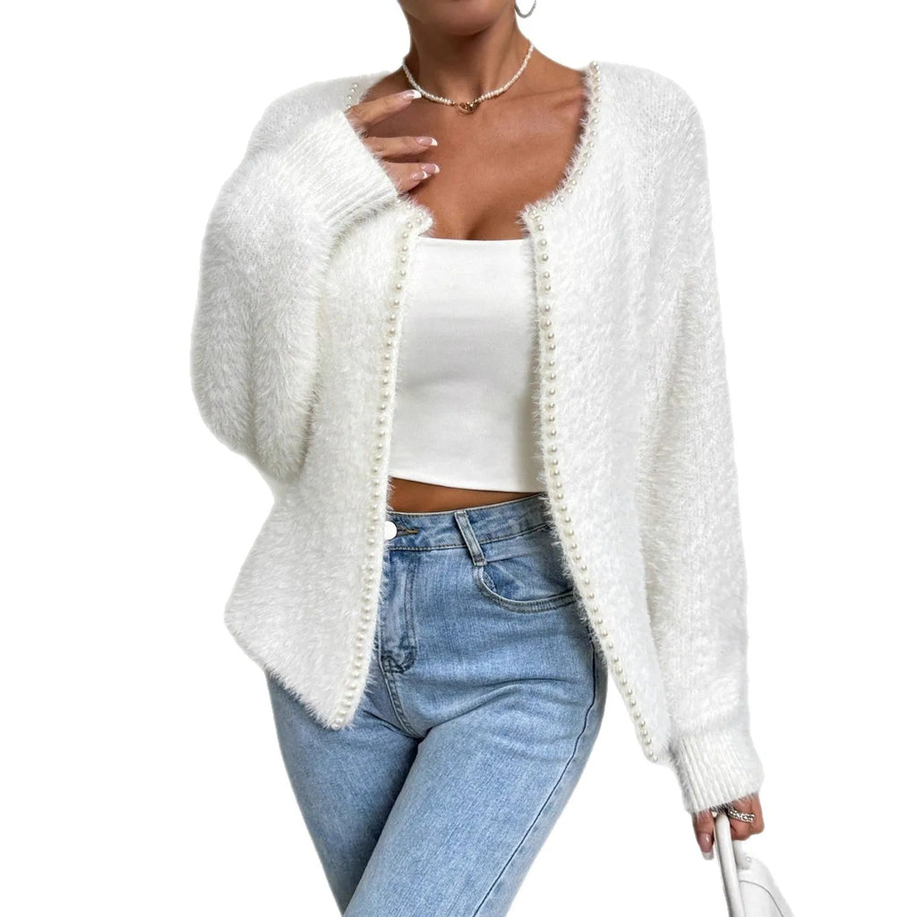 White women's V-neck cardigan with beaded knit detail and regular length