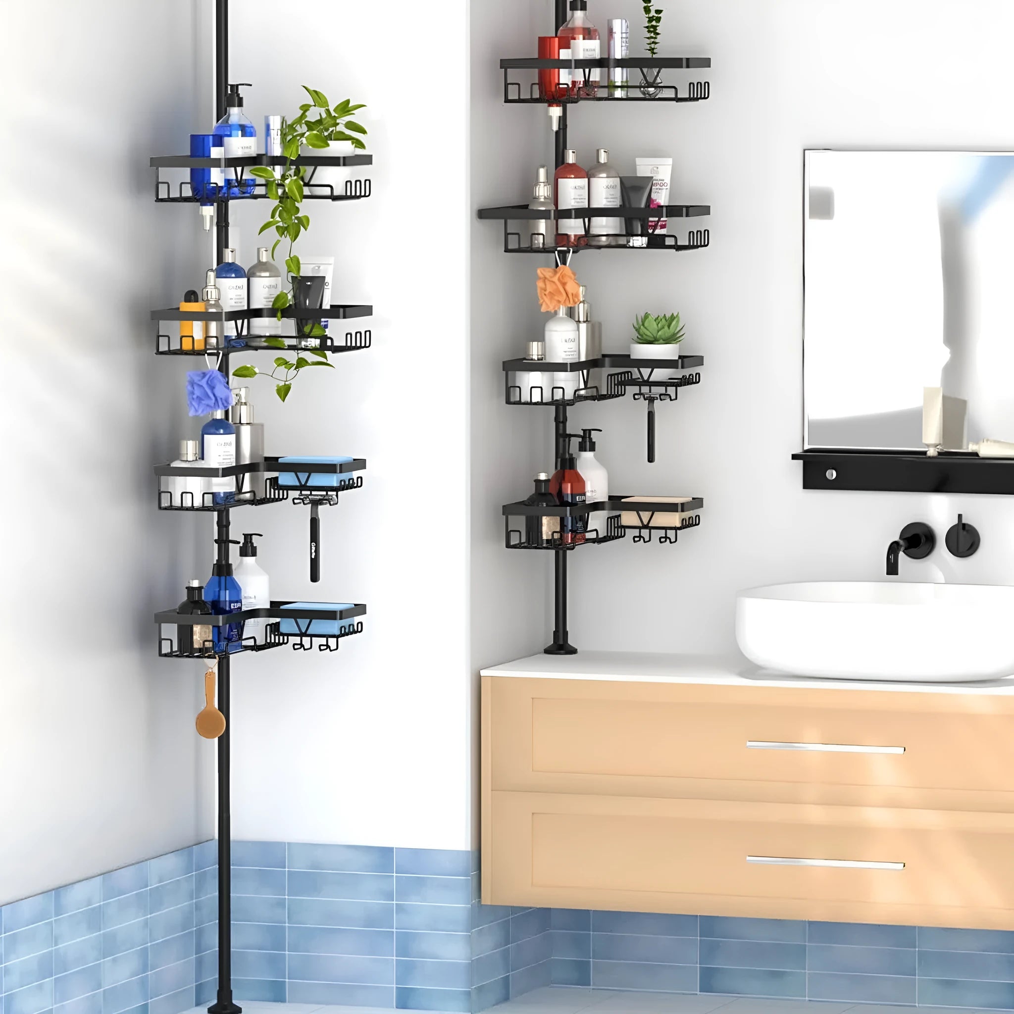 Four-tier retractable bathroom storage rack with stainless steel and iron construction
