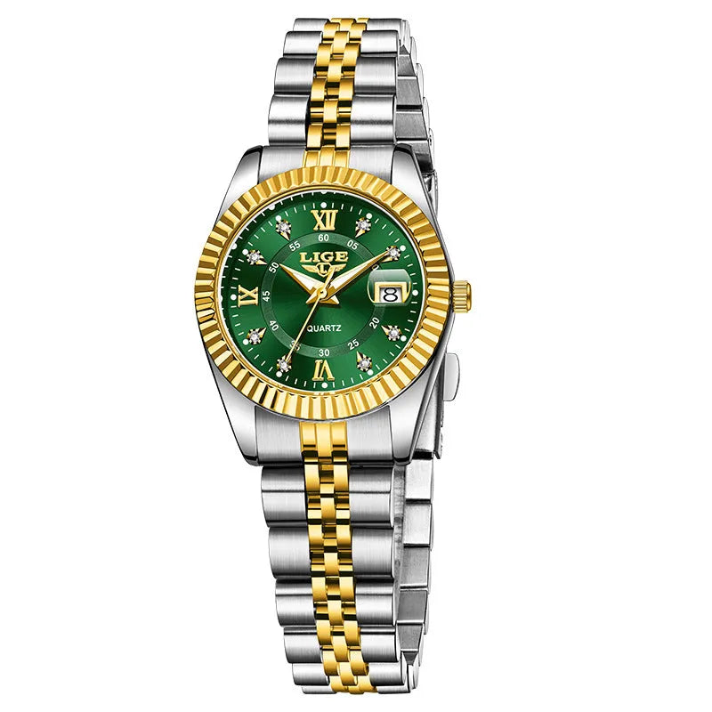 Women's waterproof quartz fashion watch with metallic case in gold or silver colour options