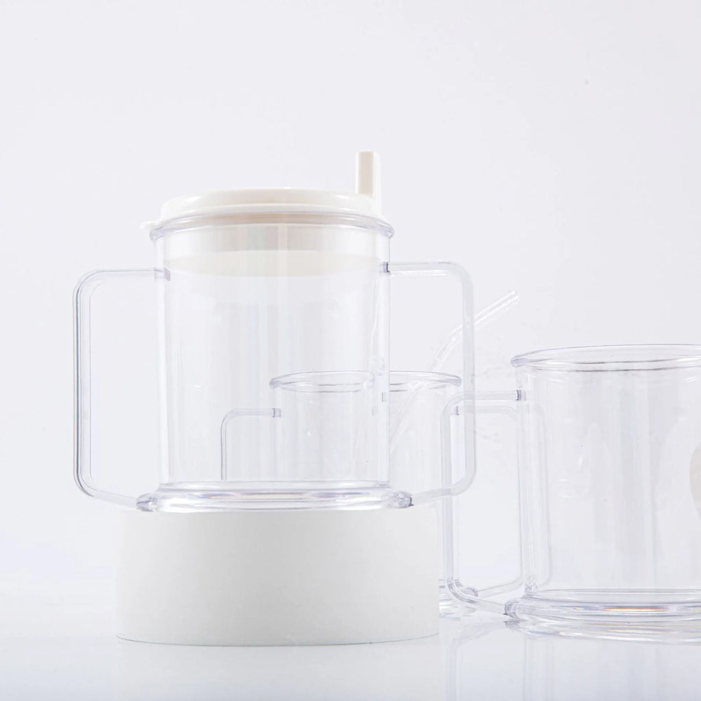 Transparent spill-proof drinking cup with modern design measuring 14cm tall