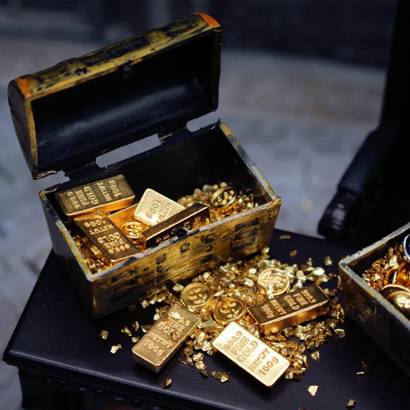 Alloy gold coin treasure box miniature dollhouse accessories with metallic finish