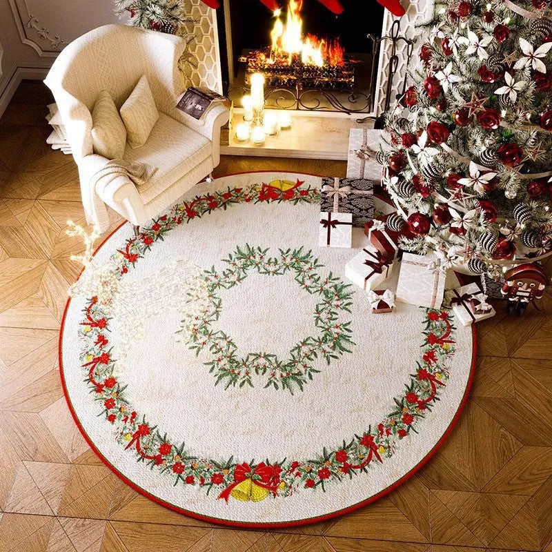 Round red Christmas-themed polyester floor mat with non-slip base on a wooden living room floor.