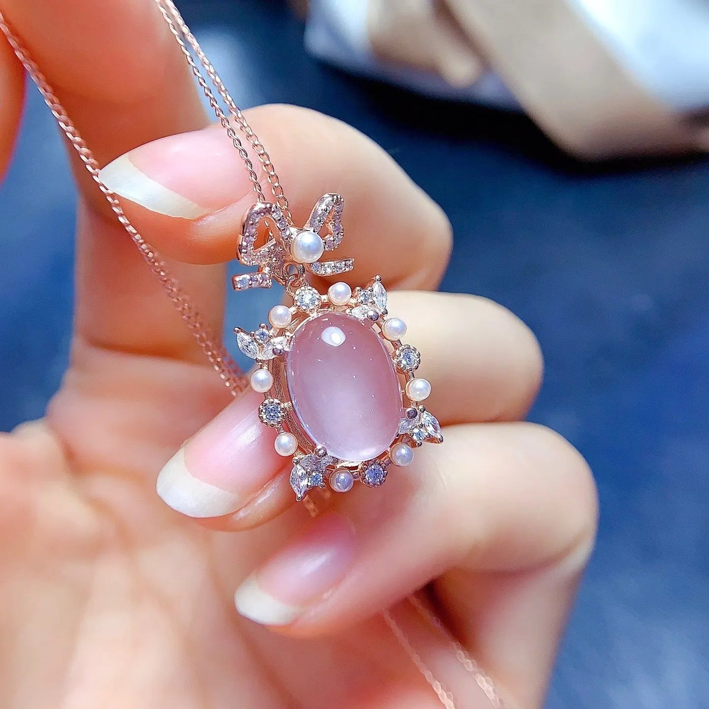Pink rose quartz geometric pendant in silver with rose gold plating on alloy necklace chain