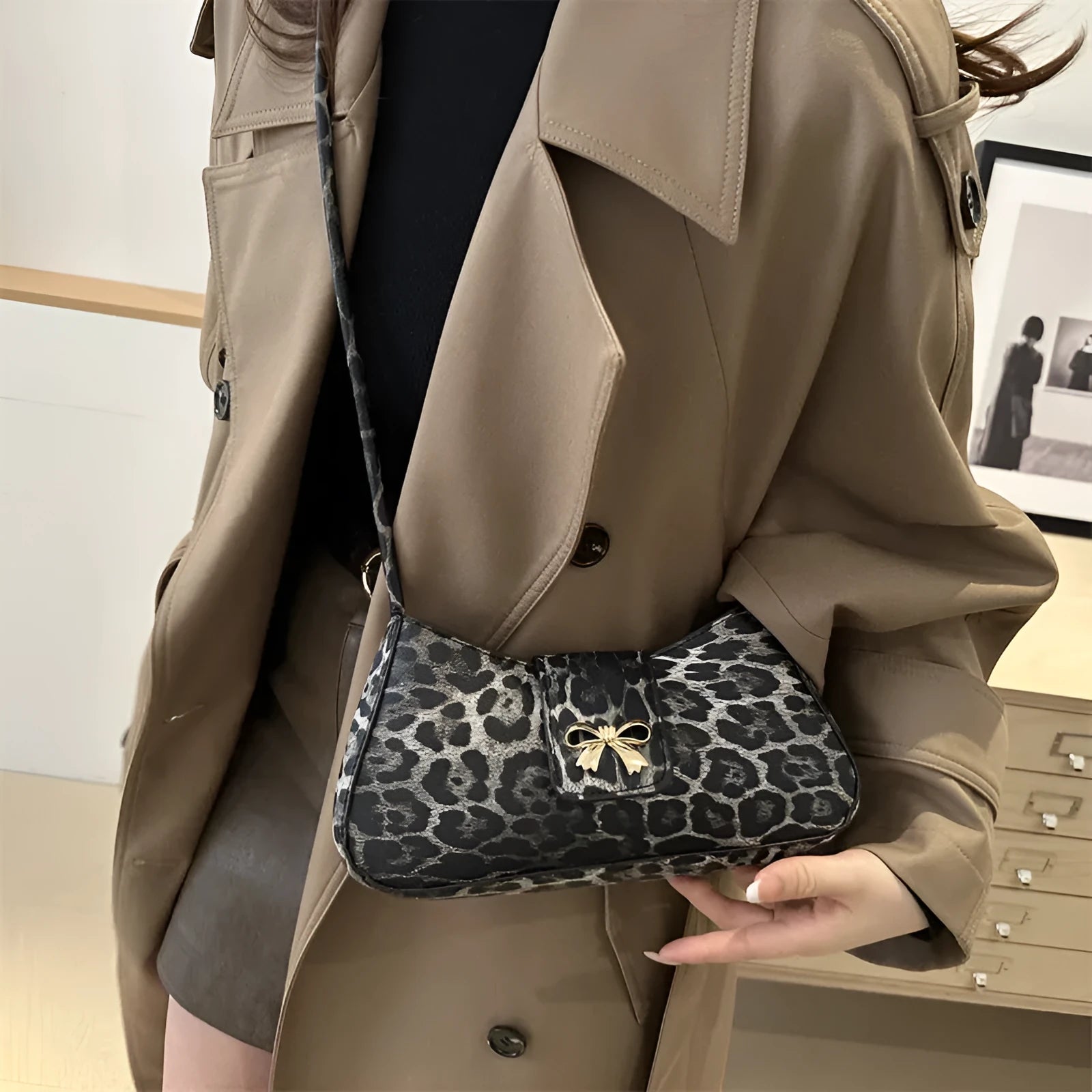 Women's casual large black PU shoulder bag with a sandwich pocket, shown next to brown and khaki colour options.