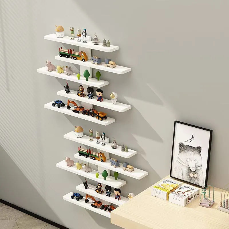 5-tier wall-mounted PVC storage rack for dolls and blind box toys in a home setting