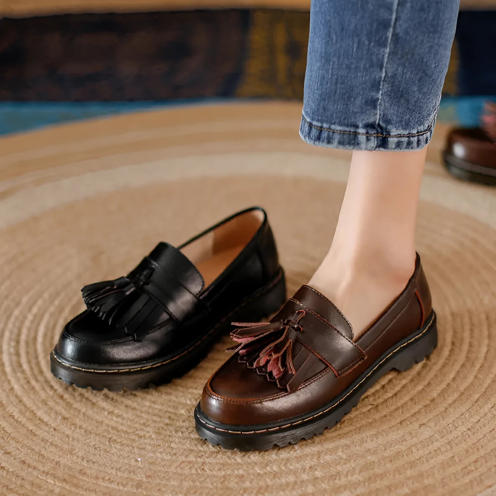 Tassel retro chunky heel loafers in cowhide, round toe, low heel, side view