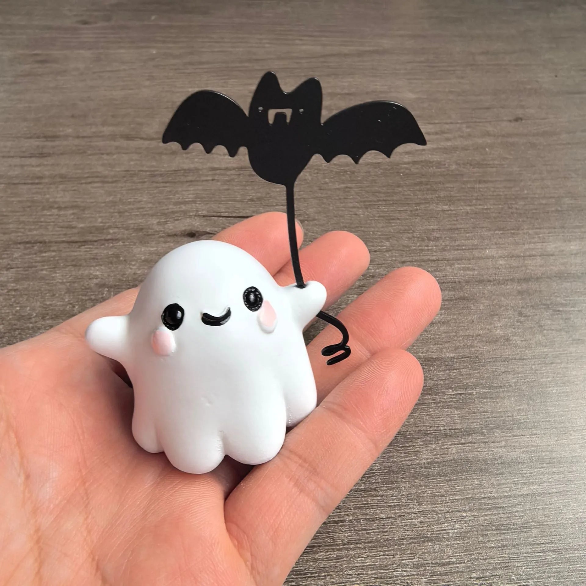 Mini ghost walking dog Halloween statue with ghost holding bat design on resin base