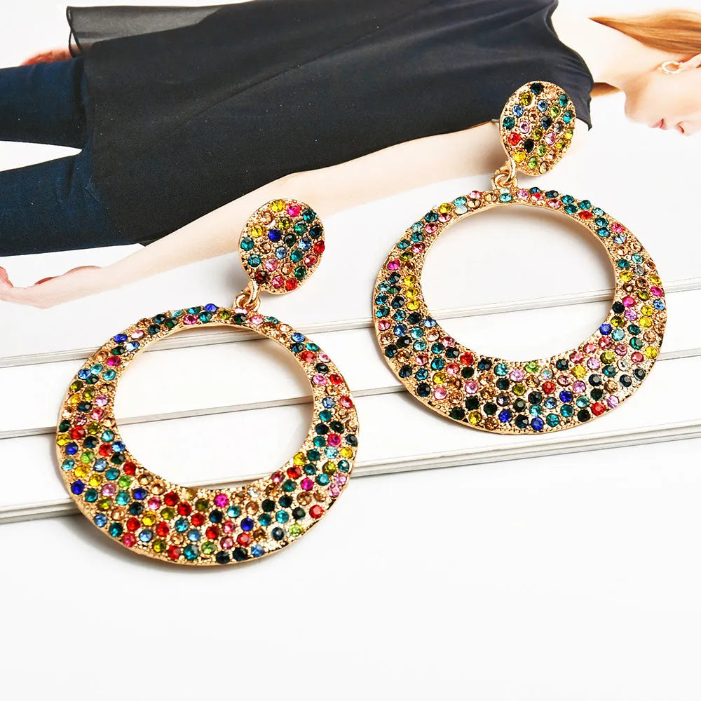 Alloy earrings with cartoon-style large pendant and round colour diamond design