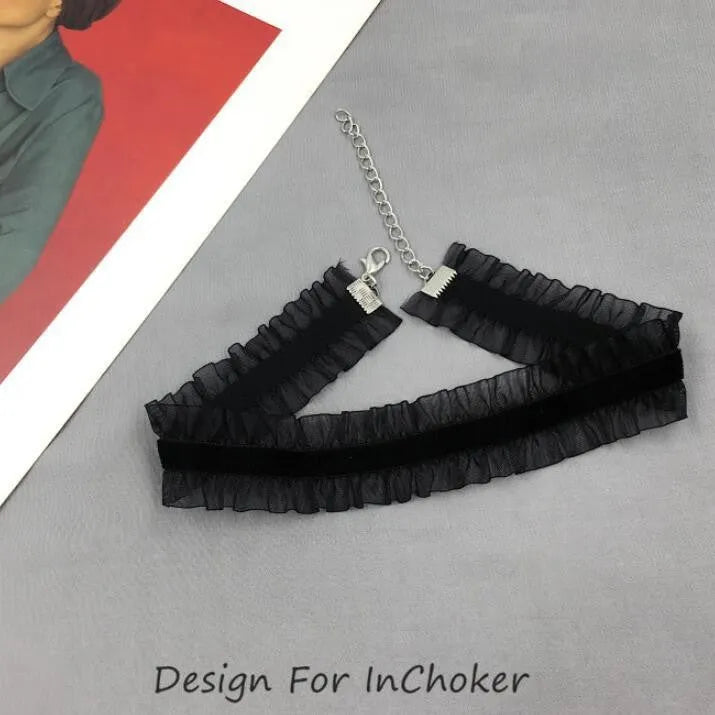Velvet ruffled flower pendant necklace on snake bones chain in black, light coffee, or white colour options