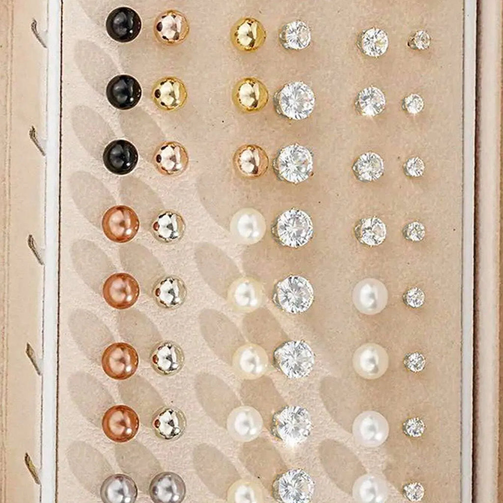 108 gold and yellow alloy geometric pearl earrings set for women displayed together.