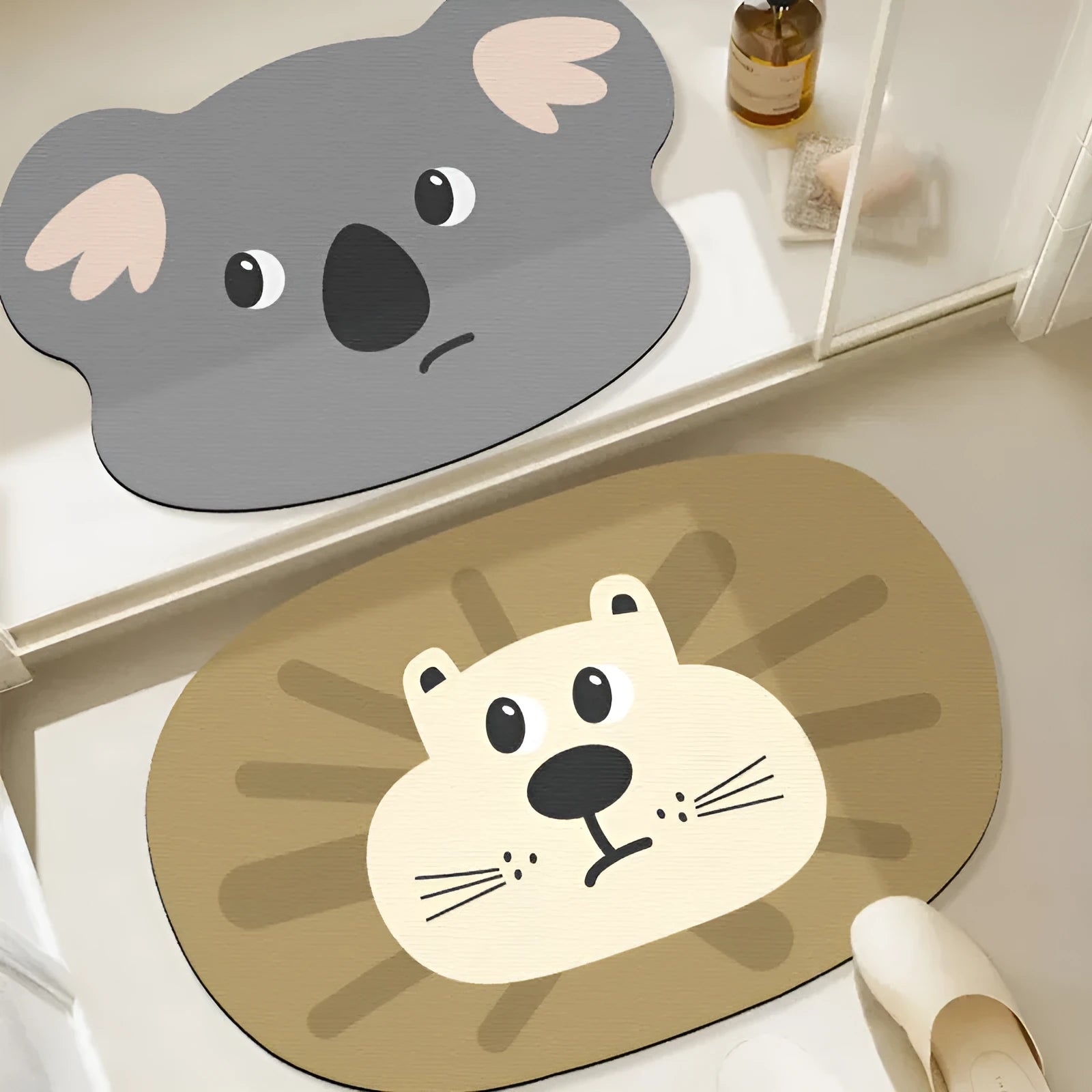 Diatomaceous earth bathroom absorbent mat with cartoon animal design in bathroom setting
