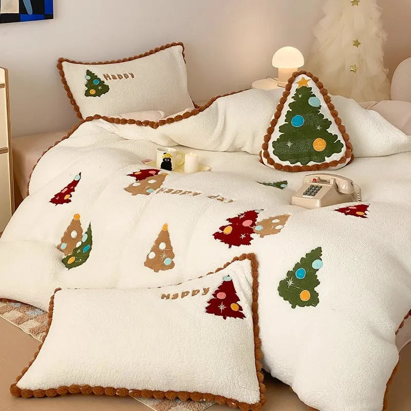 Bright yellow Christmas bedding four-piece set with cartoon animation pattern and fleece-lined winter construction