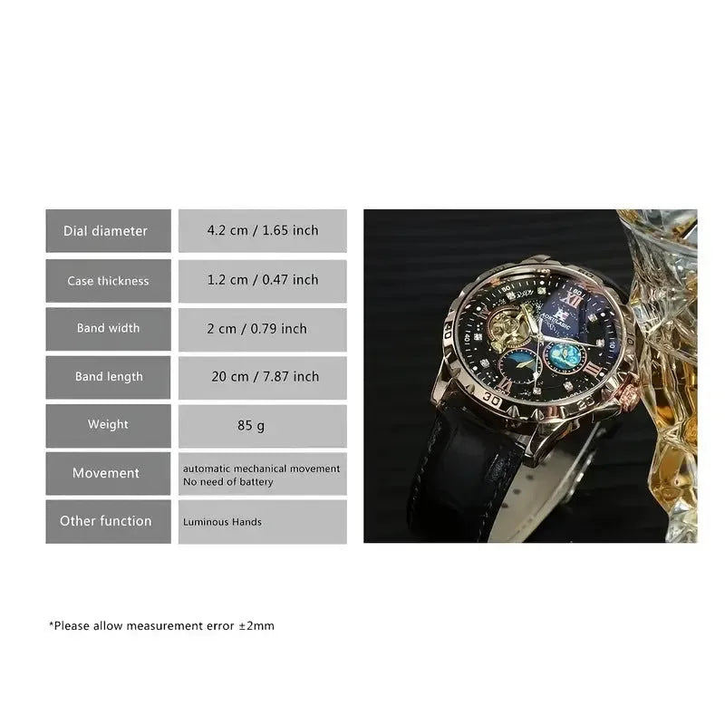 Men's black and rose gold automatic watch with a skeleton dial and leather strap.