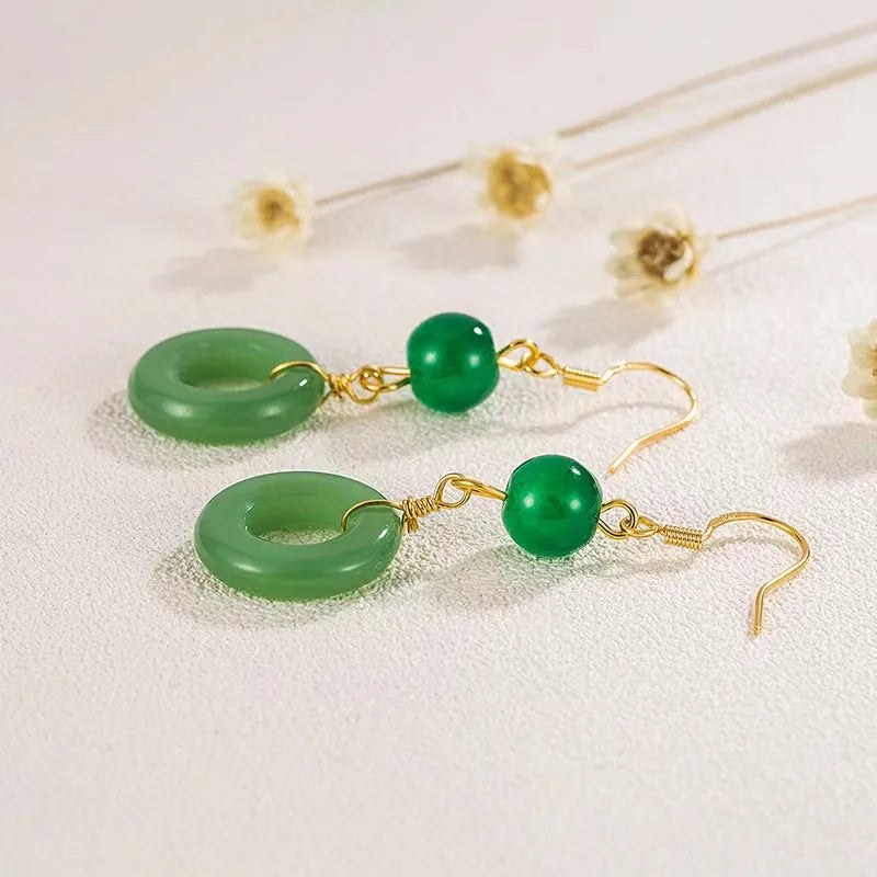Green jade design geometric peace buckle earrings with 14K gold plating on zinc alloy