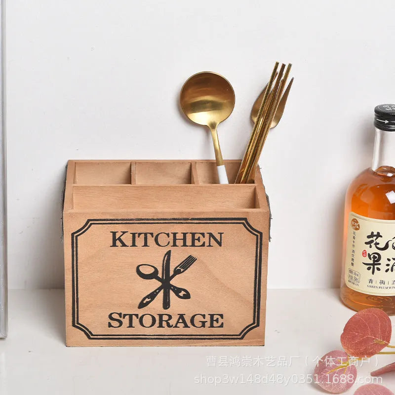 Wooden kitchen storage box with grid dividers for cutlery and chopsticks