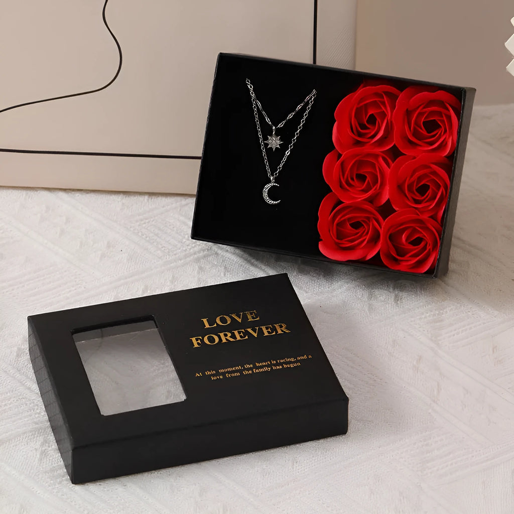 Korean style gift box with six red soap roses and a matching handbag for Valentine's Day.