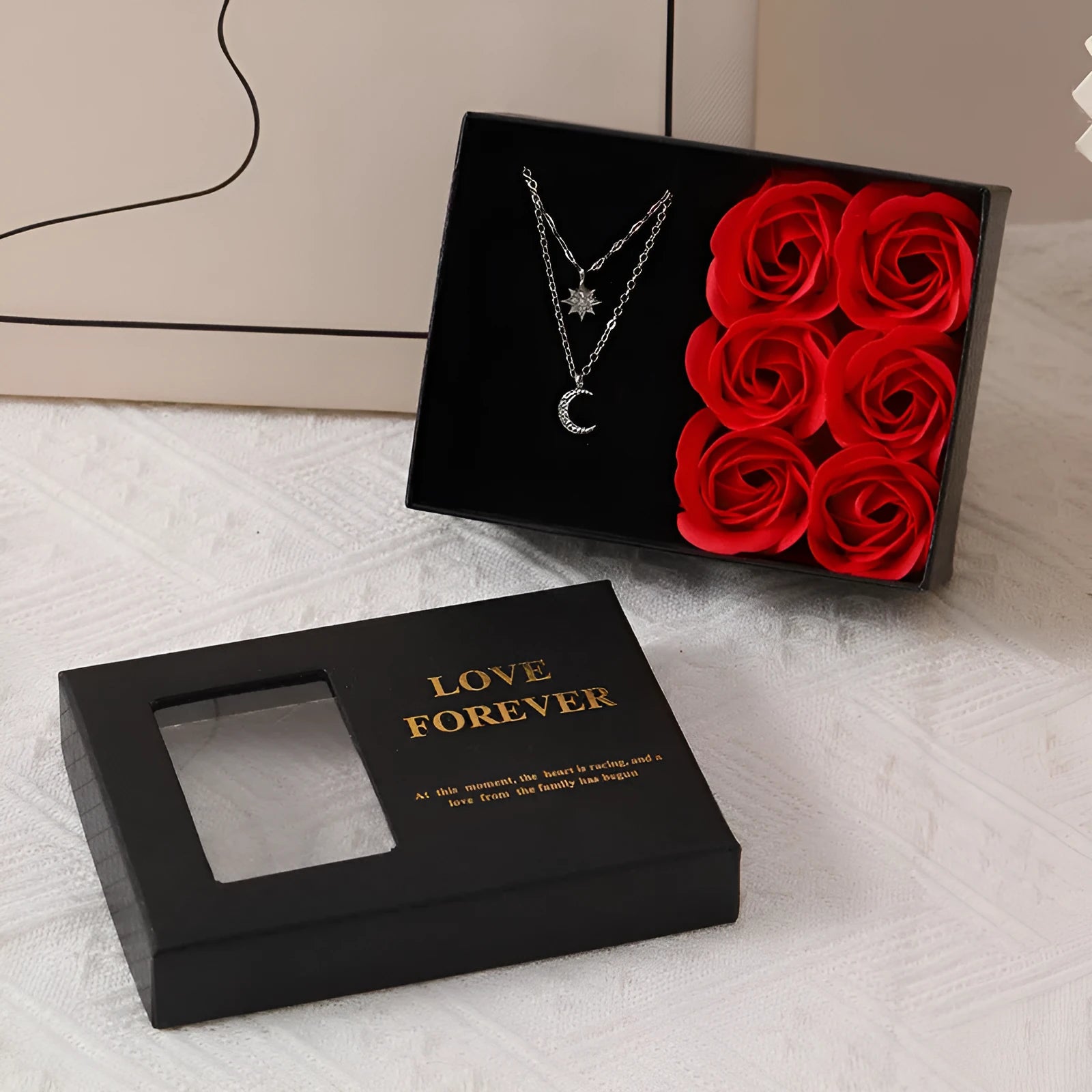Korean style gift box with six red soap roses and a matching handbag for Valentine's Day.