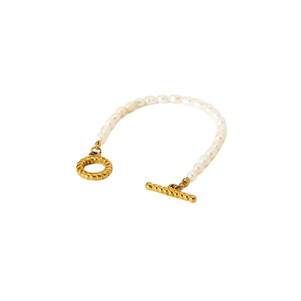 Freshwater pearl necklace and bracelet set in stainless steel with adjustable 41-50cm clavicle chain