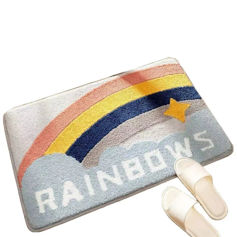 Square rainbow print cashmere carpet floor mat with blue and white sky sea colours and plastic bottom.