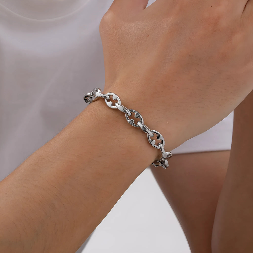 Stainless steel thick chain bracelet with geometric links and polished finish
