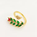 Copper gold-plated open ring with zircon leaf geometric design for women