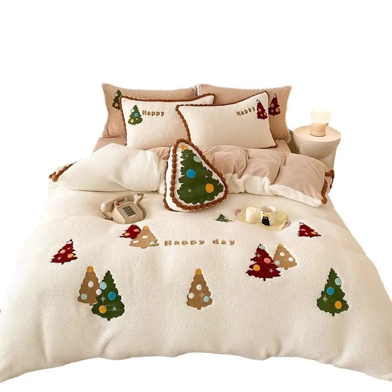 Bright yellow Christmas bedding four-piece set with cartoon animation pattern and fleece-lined winter construction