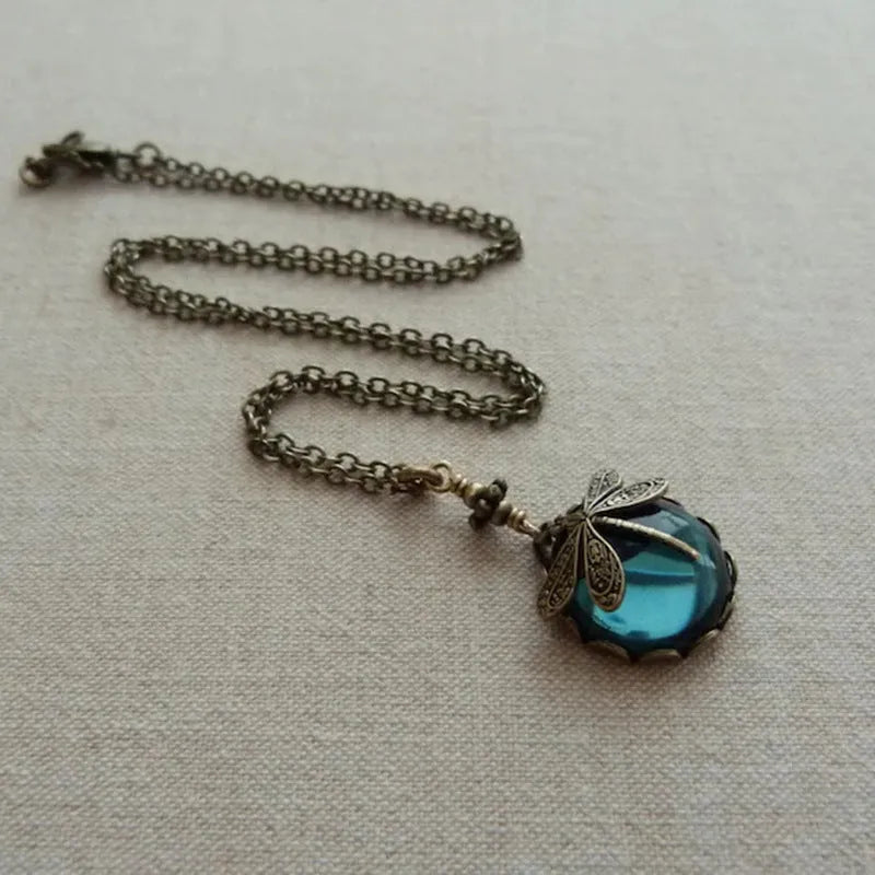 Yellow vintage bronze hand carved dragonfly pendant necklace with 925 silver components