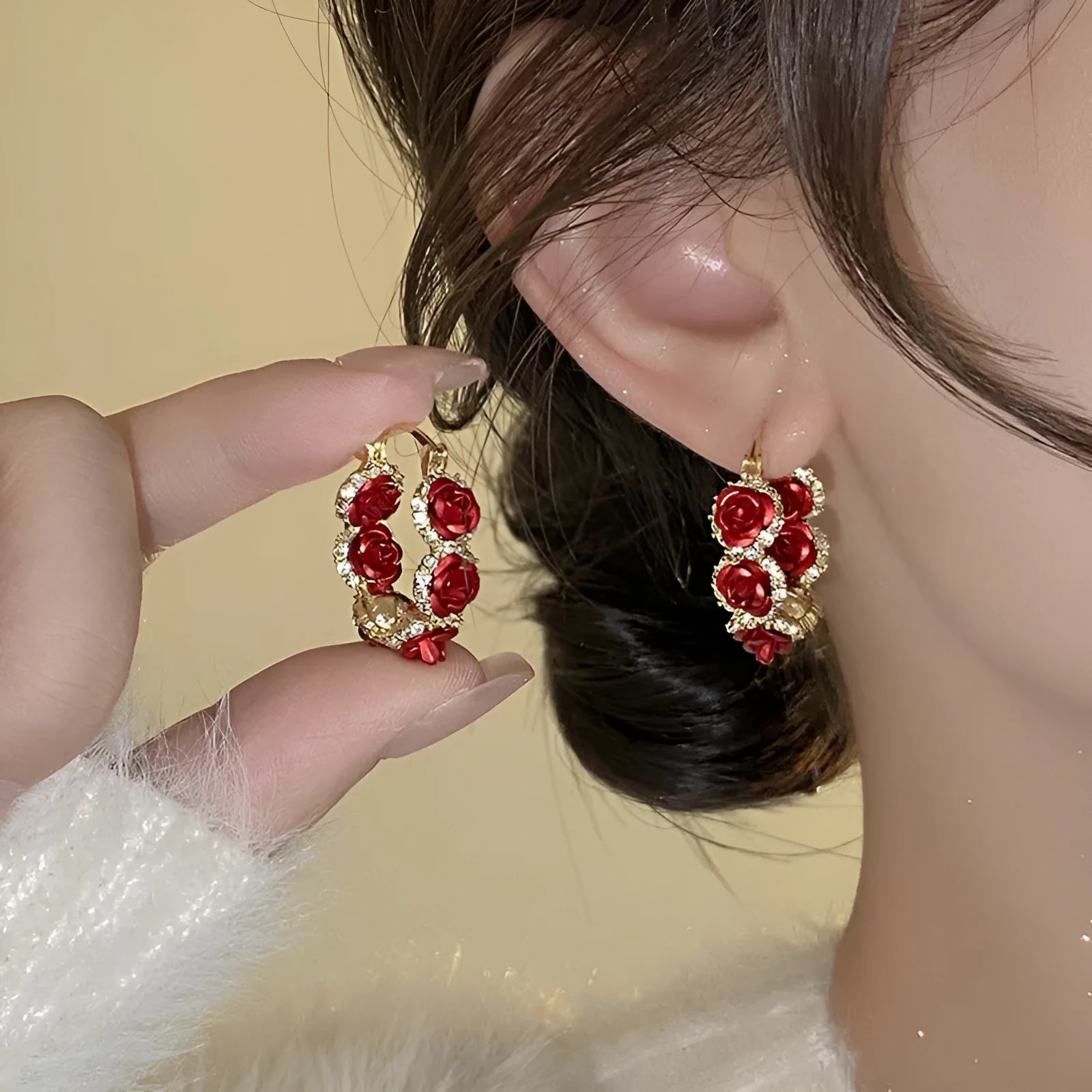 Red alloy clip-on earrings with flower shape and rose-inspired design for women